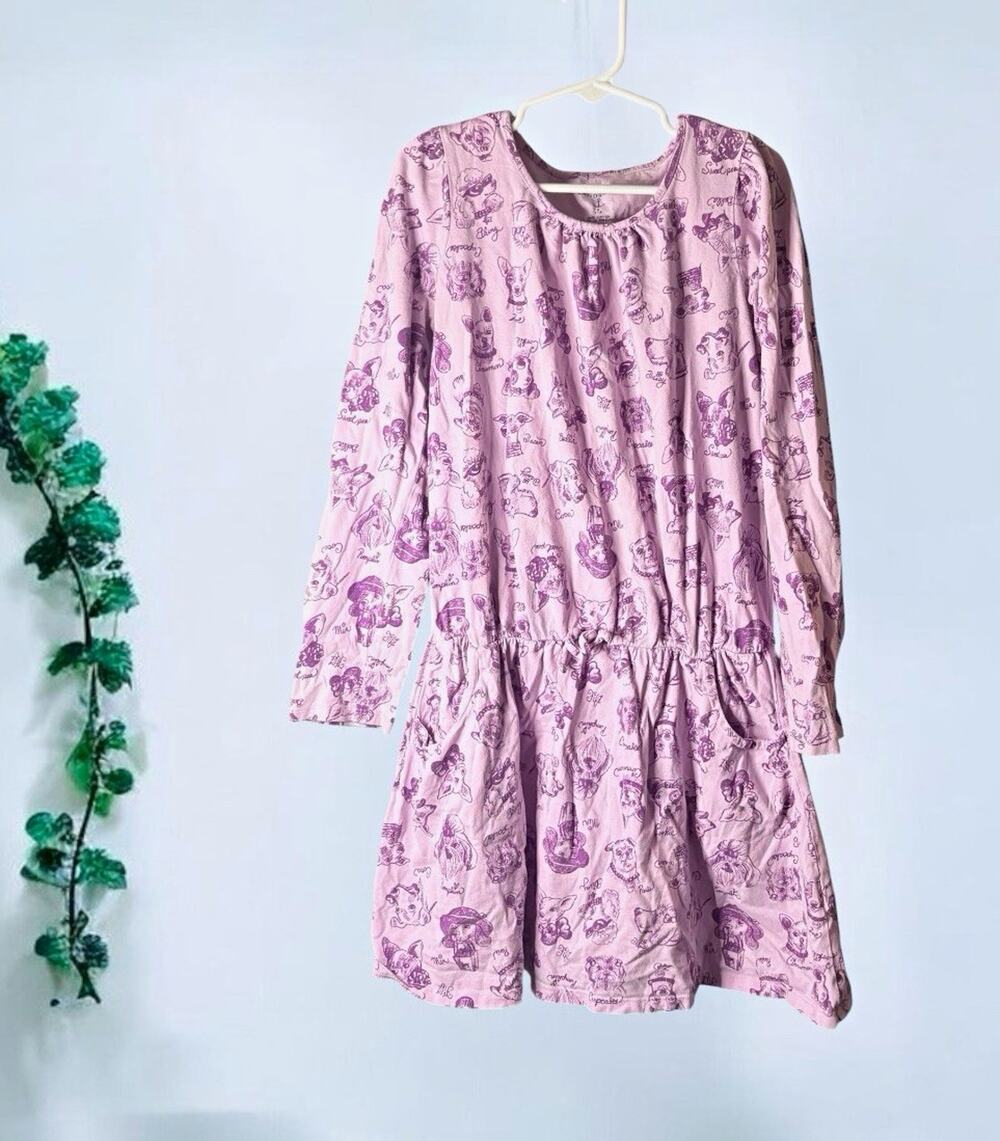 Lands' End Girls Purple Puppy Fit & Flare Cotton Long Sleeve Dress, S 7/8
